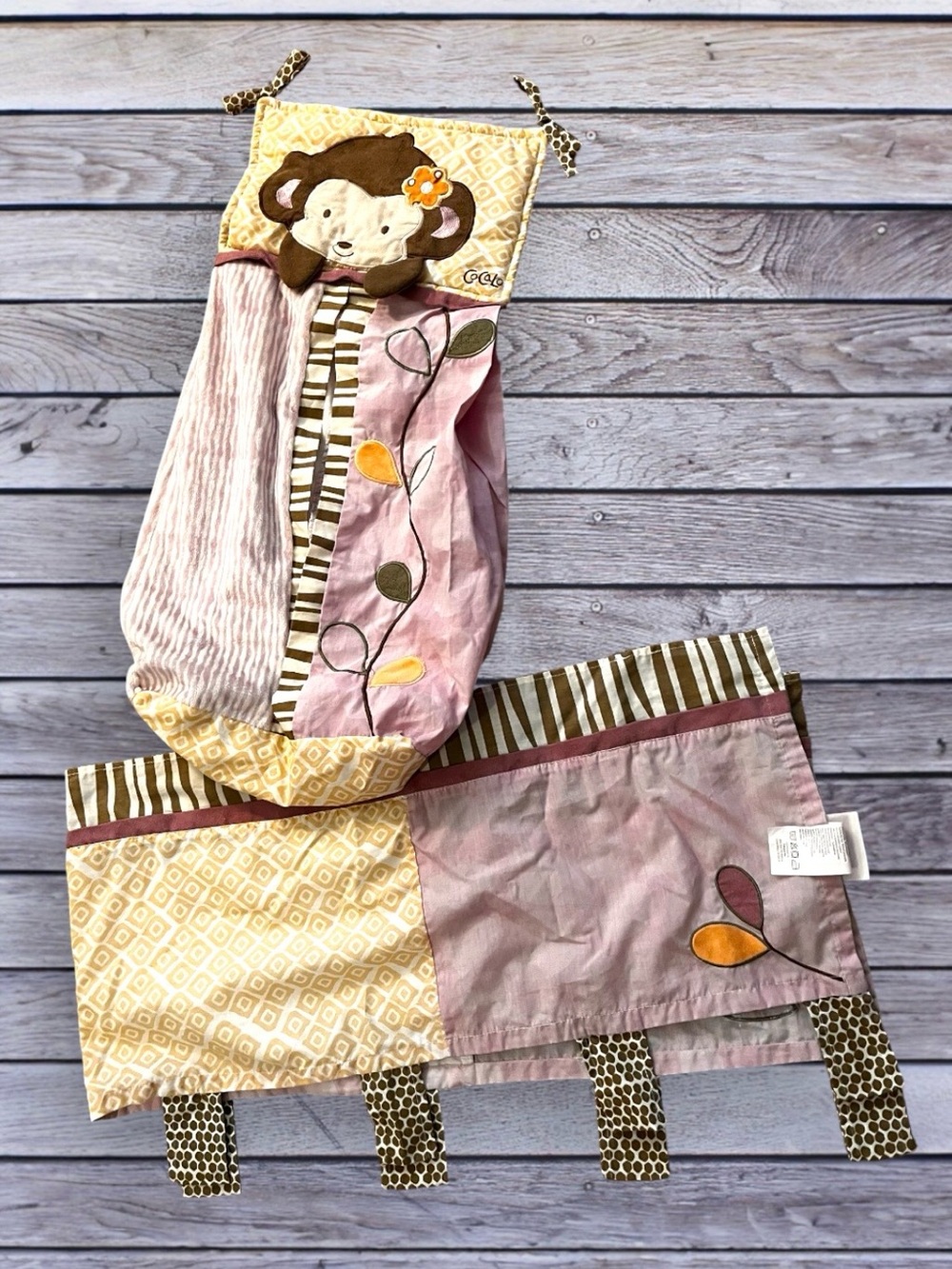 CoCaLo Monkey Diaper Holder Pink, Purple and Yellow and matching window valance